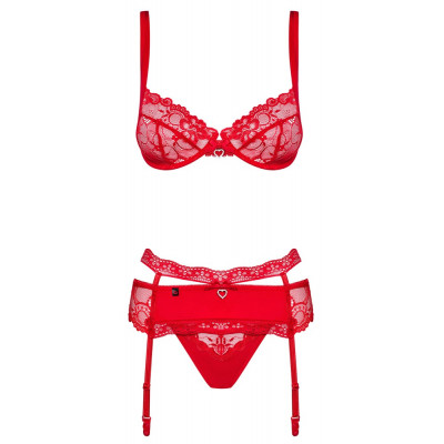 Reggiseno, reggicalze e perizoma rio in un set di seduzione in 3 pezzi con pizzo nobile e gioielli scintillanti di strass